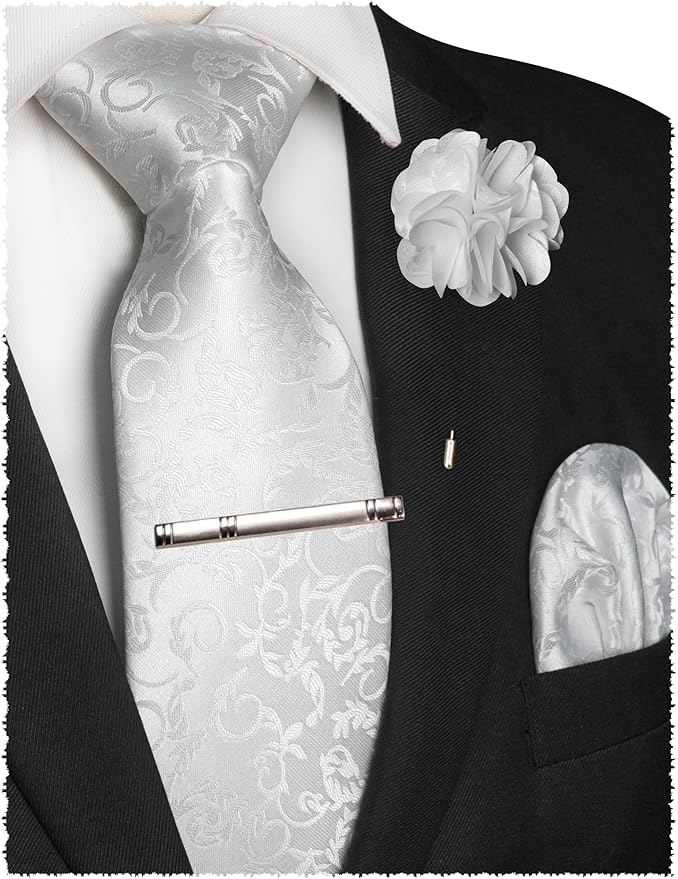 JEMYGINS Mens Floral Tie and Lapel Pin Necktie Pocket Square and Tie Clip with Sets for Business Casual 4PCS
