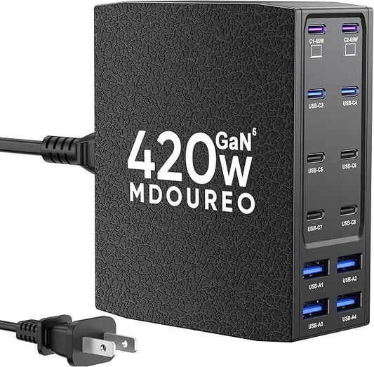 420W USB C Charger Block, 12-Port USB C Charging Station for Multiple Devices, Leather Texture Dual PD 65W Laptop Fast Charger Compatible with MacBook Pro/Air, iPad, iPhone,Galaxy and More, Black
