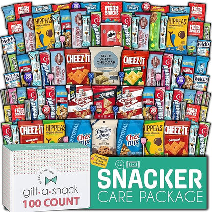 Gift A Snack - Halloween Trick or Treats Snack Box Variety Pack Care Package + Greeting Card (100 Count) Birthday Sweet Treats Gift Basket, Candies Chips Crackers Bars, Office Food Assortments