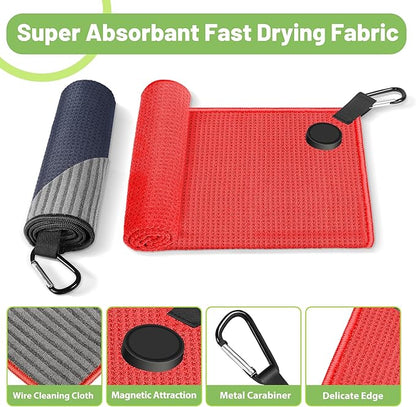 Magnetic Golf Towel, 2 Pack Golf Towels with Clips, Ultra Absorbent Microfiber Wire Cleaning Cloth, Waffle Pattern Towel with Magnet for Men Women, Golf Accessories for Bags, Carts or Clubs