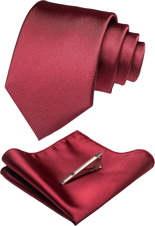JEMYGINS Solid Color Formal Necktie and Pocket Square Tie Clip Sets for Men