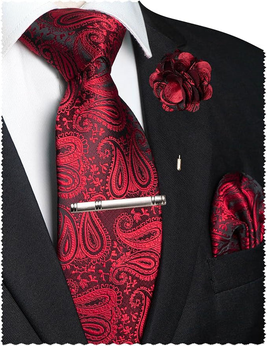 JEMYGINS Mens Paisley Tie and Lapel Pin Necktie Pocket Square and Tie Clip with Sets for Business Casual 4PCS