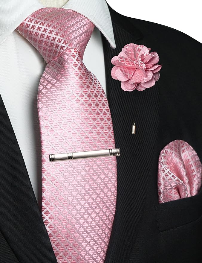 JEMYGINS Mens Solid Color Plaid Tie and Lapel Pin Necktie Pocket Square and Tie Clip with Sets for Business Casual 4PCS