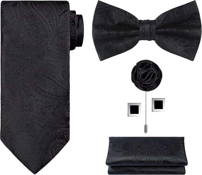 TIE G 5pcs Tie Set in WHITE OR BLACK GIFT BOX: Solid Color Necktie, Satin Bow Tie, Pocket Square, Lapel, Cuff Links