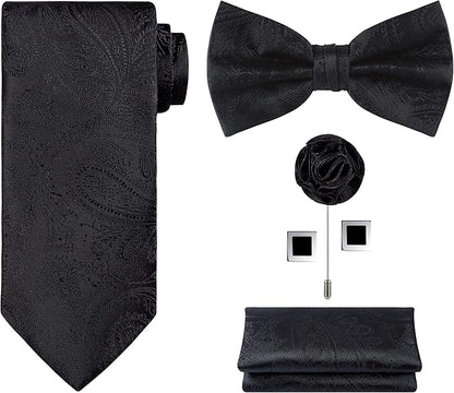 TIE G 5pcs Tie Set in WHITE OR BLACK GIFT BOX: Solid Color Necktie, Satin Bow Tie, Pocket Square, Lapel, Cuff Links