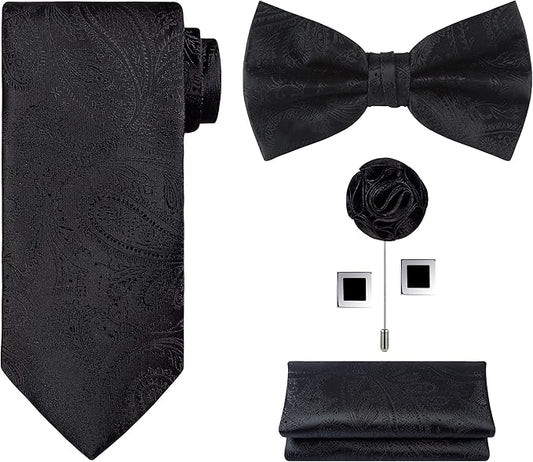 TIE G 5pcs Tie Set in WHITE OR BLACK GIFT BOX: Solid Color Necktie, Satin Bow Tie, Pocket Square, Lapel, Cuff Links