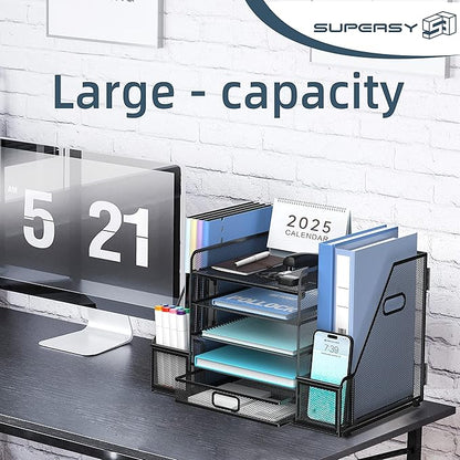 SUPEASY Mesh Desk Organizer with File Holder, 5-Tier Paper Letter Tray Organizer with Magazine Holder, Desktop Organizer and Storage with Drawer for Office Supplies Home or School, Black