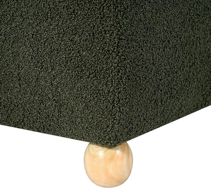 Adeco 17 Inch Soft Dark Green Cube Ottoman Storage, Teddy Velvet Chair Foot Stools, Upholstered Vanity Stool with Hinged Lid, Solid Round Wood Legs