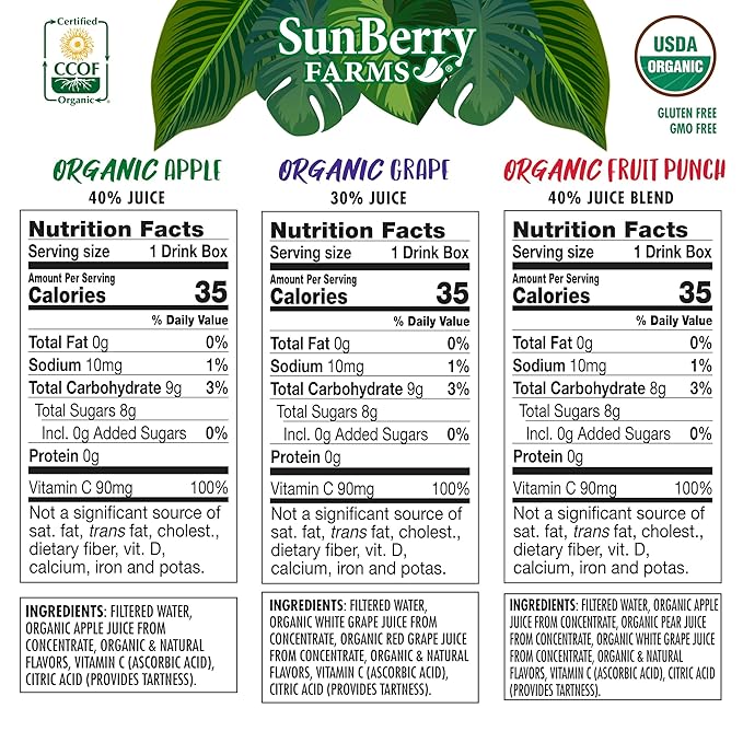 Sunberry Farms Organic Variety Pack Juice Boxes 6.75 fl oz (36 Pack) | Apple, Fruit Punch & Grape | USDA Organic Kids Drinks | No Artificial Flavors or Colors | Lunch Box Ready | Shelf-Stable