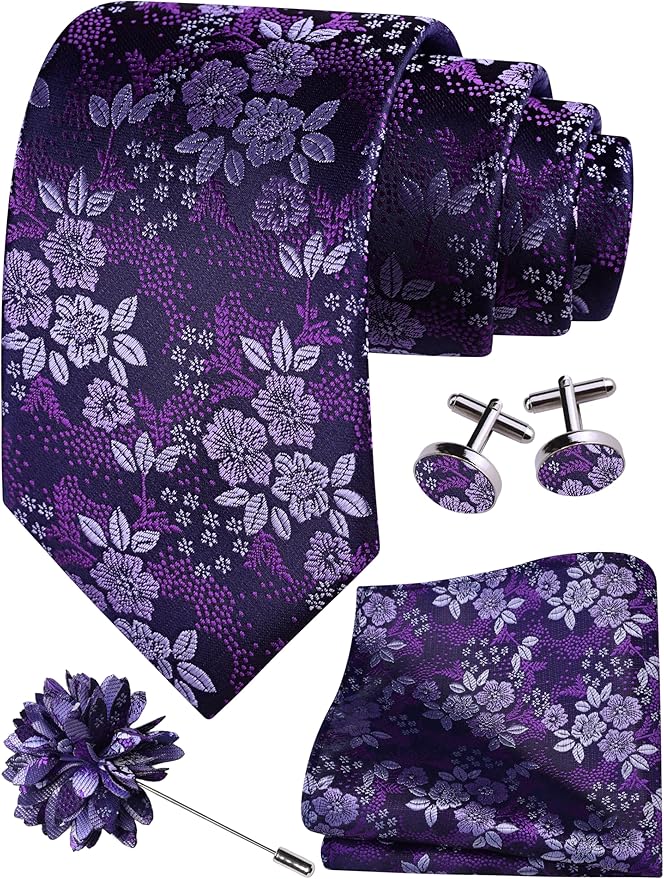 GUSLESON 3.15"（8cm） Mens Floral Tie and Lapel Pin Necktie Hankerchief Cufflinks Set for Men