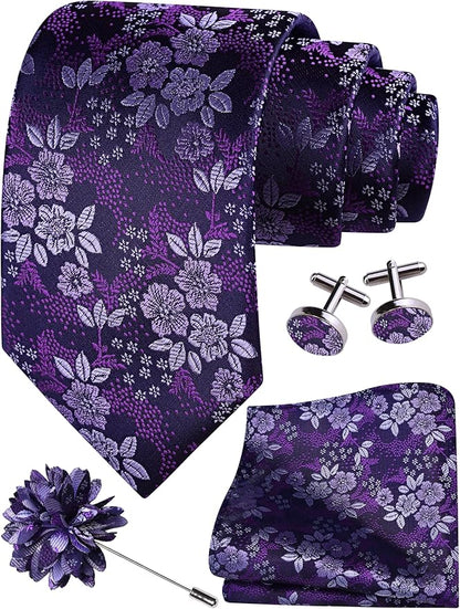 GUSLESON 3.15"（8cm） Mens Floral Tie and Lapel Pin Necktie Hankerchief Cufflinks Set for Men
