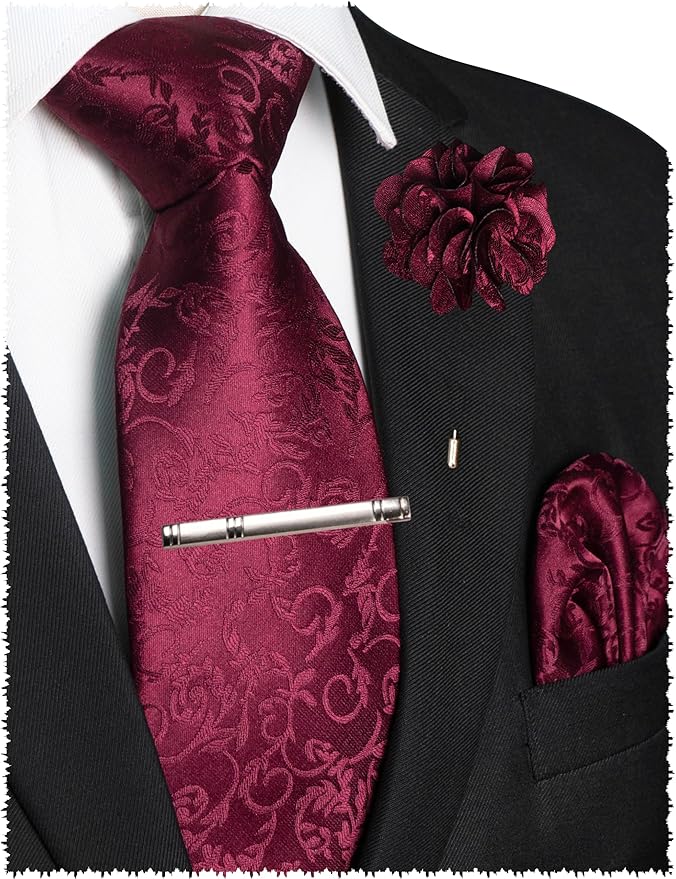 JEMYGINS Mens Floral Tie and Lapel Pin Necktie Pocket Square and Tie Clip with Sets for Business Casual 4PCS