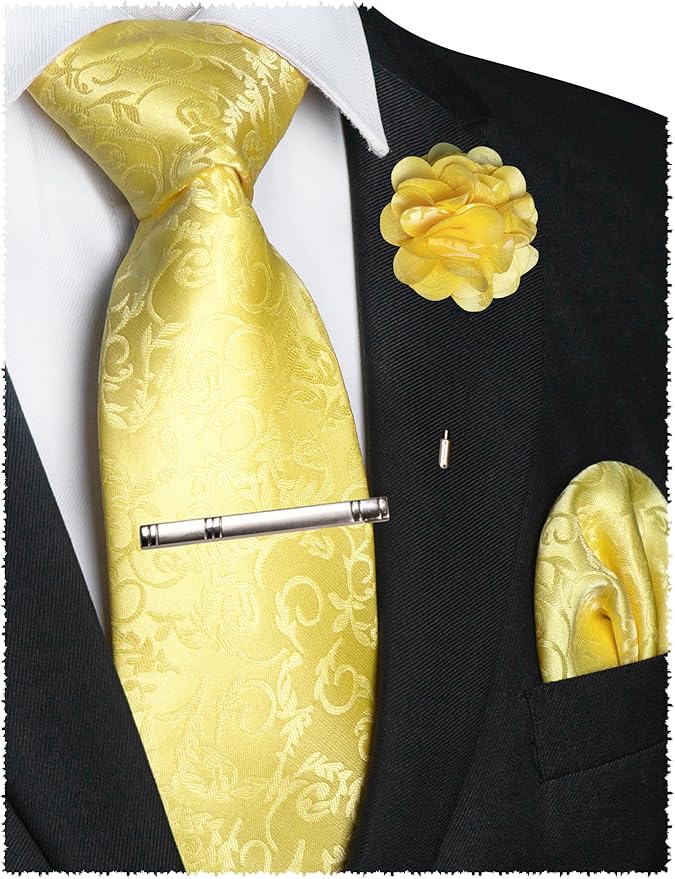 JEMYGINS Mens Floral Tie and Lapel Pin Necktie Pocket Square and Tie Clip with Sets for Business Casual 4PCS