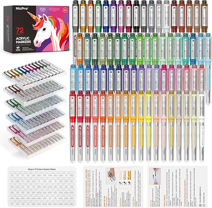 Nicpro 72 Colors Acrylic Paint Markers Set, Water-Based Brush Tip Paint Pens with Automatic Ink Control, Art Paint Markers for Rock Painting, Glass, Craft, Ceramic, Christmas Gift for Teens, Kids