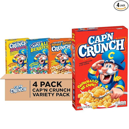 Quaker Cap'n Crunch Breakfast Cereal, 4 Flavor Variety Pack, (4 Pack), Sweetened Corn & Oat Cereal Original, Crunch Berries, Oops All Berries, Peanut Butter