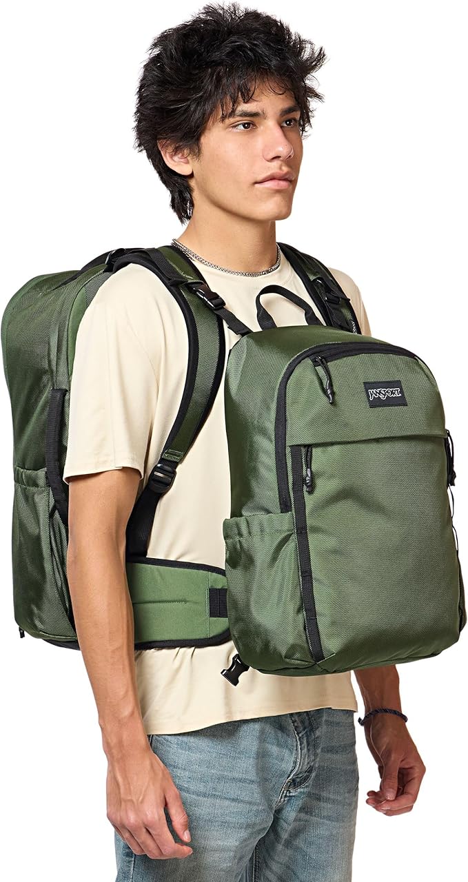 JanSport Venture Pack System – Travel Pack With Large Main Compartment, 4 Water Bottle Pockets, Adjustable Torso Length, Perimeter Wireframe Suspension, Tuck-Away Straps, Padded Hip Belt, Cargo Green
