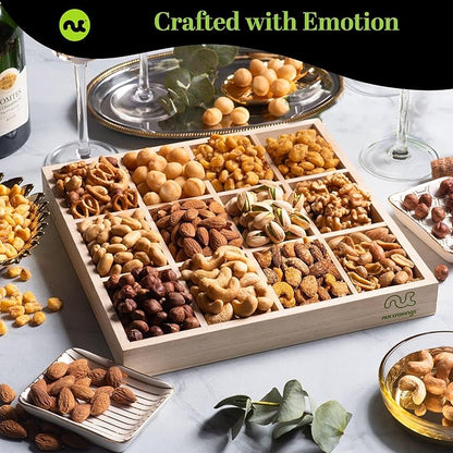 NUT CRAVINGS - Thanksgiving Mixed Nuts Gift Basket in Reusable Wooden Tray + Green Ribbon (12 Assortments) Holiday Xmas Christmas Food Arrangement, Healthy Snack Care Package