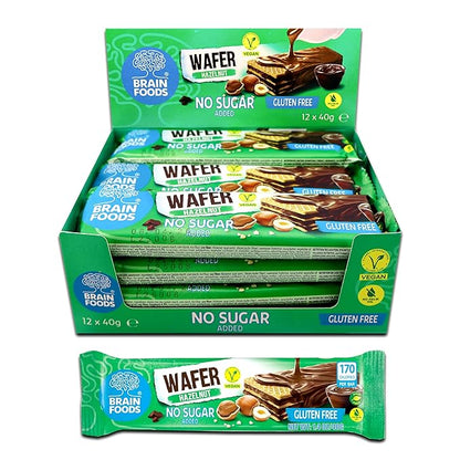 BRAIN FOODS Gluten Free Vegan Chocolate Coated Hazelnut Wafers - 12 Bars, No Sugar Added, High Fiber, No Palm Oil, 1.4 oz, 170 Calories, Guilt Free Snack, Natural Hazelnut Flavor