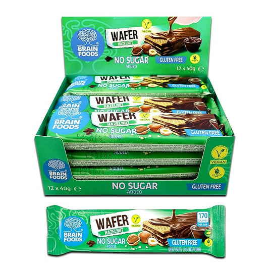 BRAIN FOODS Gluten Free Vegan Chocolate Coated Hazelnut Wafers - 12 Bars, No Sugar Added, High Fiber, No Palm Oil, 1.4 oz, 170 Calories, Guilt Free Snack, Natural Hazelnut Flavor