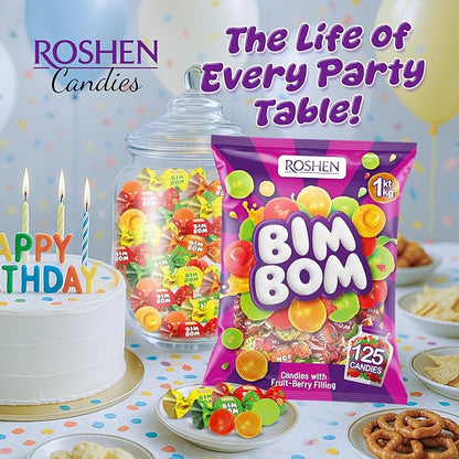Roshen Bim Bom Hard Candy, Assorted Fruit & Berry Filled Candies, Individually Wrapped, Bulk 2.2 lbs (1 kg) – Pear, Pineapple, Strawberry, Tutti-Frutti Flavors (Pack of 2)