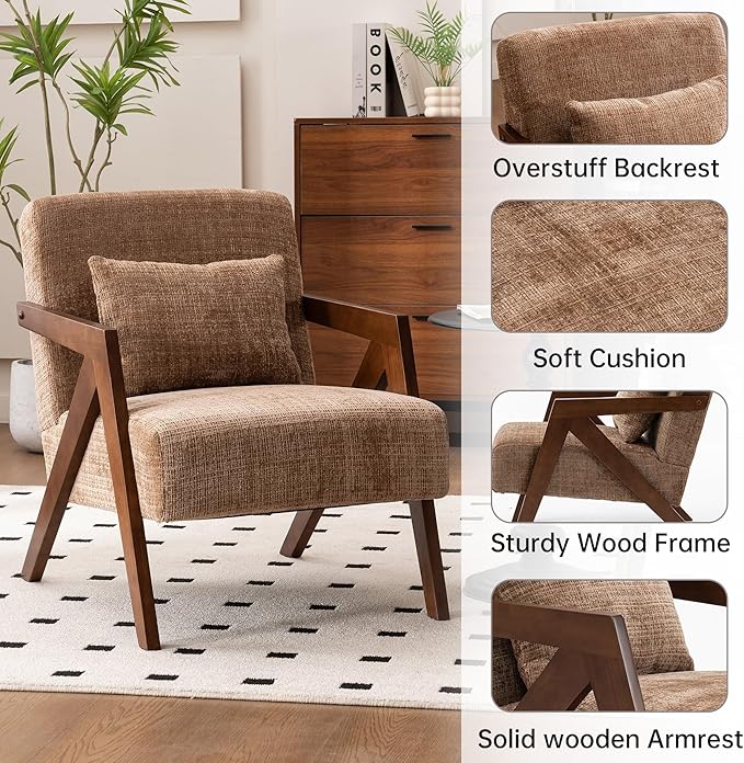 Mid Century Modern Accent Chair with Solid Wood Frame，Upholstered Chenille Living Room Arm Chairs with Pillow for Bedroom, Living Room, Reading Room, Balcony (2, Brown)