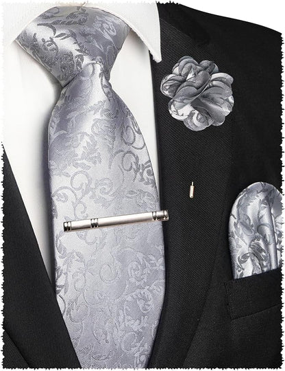 JEMYGINS Mens Floral Tie and Lapel Pin Necktie Pocket Square and Tie Clip with Sets for Business Casual 4PCS