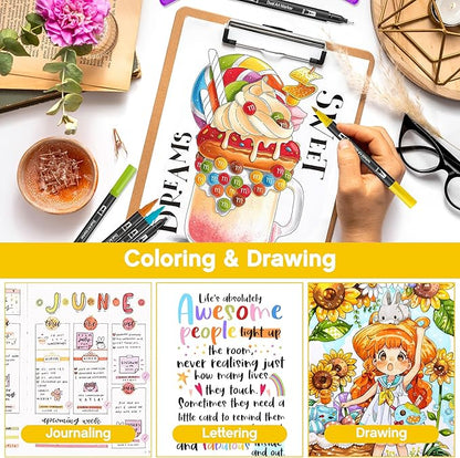 Art Markers Pens Brush Tip - 120 Color Dual Brush Pen and Fine Tip Marker for Coloring Drawing Journaling Lettering - Markers for Adults Kids Coloring Books No Bleeding Art Supplies Set
