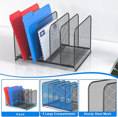 5 Sections Desk File Holder/Rack/Sorter,Mesh File Organizer,File Folder Organizer,Metal Upright Desktop Organization for Documents,Magazine,Kitchenware,Antiskid,Antirust,Sturdy,2 Packs