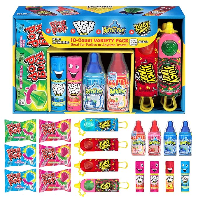 Christmas Candy Variety Pack, 18Ct Assorted Lollipops, Bulk Individually Wrapped Ring Pop, Push Pop, Baby Bottle Pop & Juicy Drop, Birthday Party Favors, Stocking Stuffers, Candy Bowls, Kids Gifts