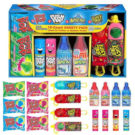 Christmas Candy Variety Pack, 18Ct Assorted Lollipops, Bulk Individually Wrapped Ring Pop, Push Pop, Baby Bottle Pop & Juicy Drop, Birthday Party Favors, Stocking Stuffers, Candy Bowls, Kids Gifts