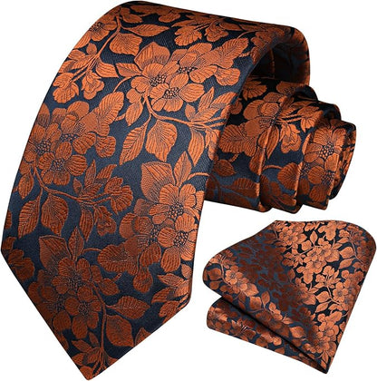 HISDERN Men Floral Ties Woven Classic 3.4" Necktie Set Formal Tie Pocket Square for Wedding with Handkerchief Gift Box