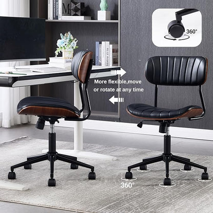 Modern Walnut Home Office Chair，Adjustable Height Desk Chair with Wheels，Armless Computer Chair for Office, Reading Meeting Room, Black