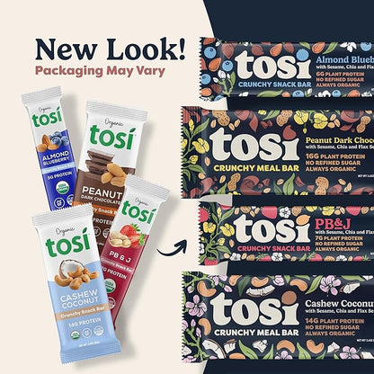 Tosi Nut Bars, Almond Dark Chocolate, Healthy Snacks for Adults & Kids, Plant Based Crunchy Bars (6G Protein), Organic Keto Snacks, Vegan, Gluten & Soy Free, Low Sugar, Omega 3s, 1oz, 12-Pack