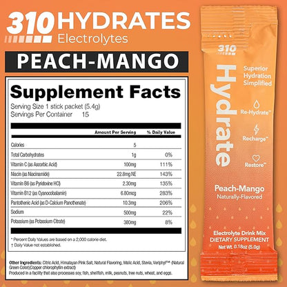 310 Nutrition Sugar Free Electrolytes Powder - Instant Hydration Packets for Daily Fluid Balance - Caffeine-Free Rehydration Drink Mix w/Vitamins, Low Calorie & Keto Friendly - Watermelon 15 Singles