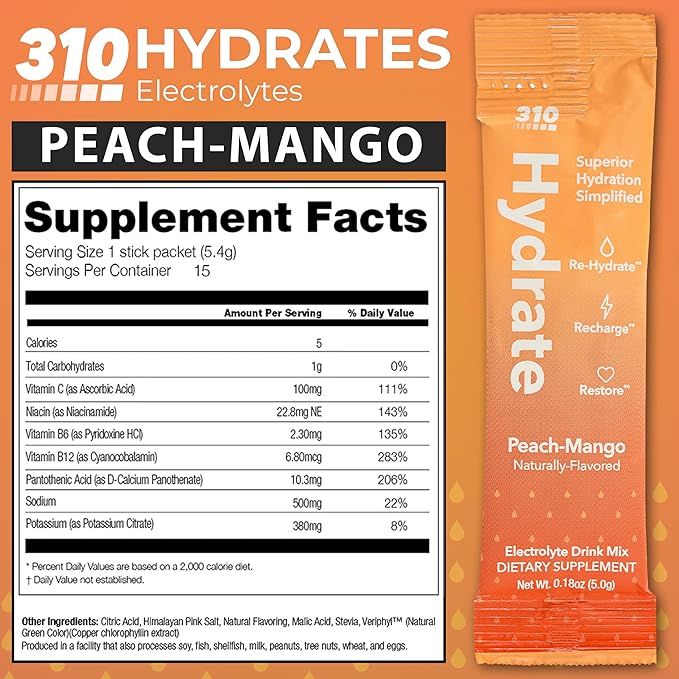310 Nutrition Sugar Free Electrolytes Powder - Instant Hydration Packets for Daily Fluid Balance - Caffeine-Free Rehydration Drink Mix w/Vitamins, Low Calorie & Keto Friendly - Peach Mango 15 Singles