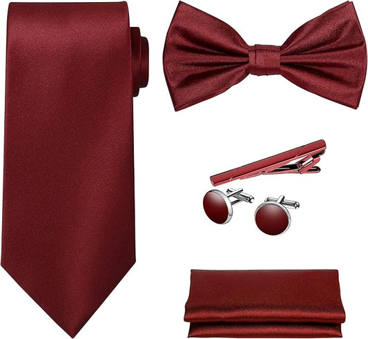 TIE G 5pcs Tie Set in WHITE OR BLACK GIFT BOX: Solid Color Necktie, Satin Bow Tie, Pocket Square, Lapel, Cuff Links