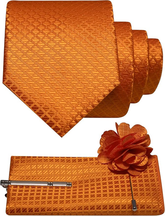 JEMYGINS Mens Solid Color Plaid Tie and Lapel Pin Necktie Pocket Square and Tie Clip with Sets for Business Casual 4PCS