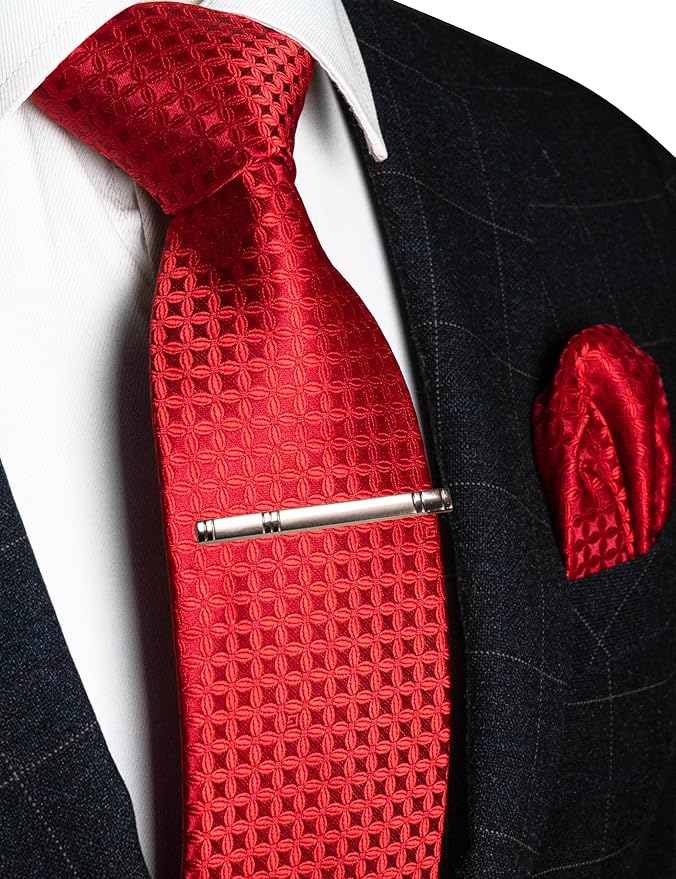 RBOCOTT Mens Woven Tie and Pocket Square with Tie Bar Sets Solid Necktie