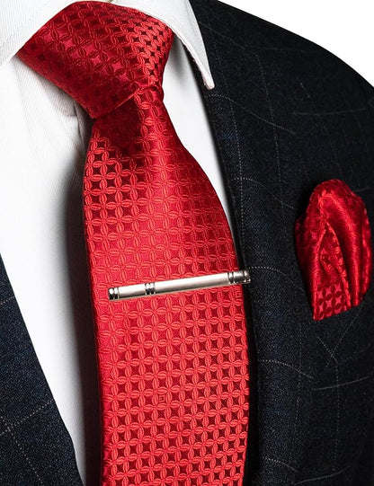 RBOCOTT Mens Woven Tie and Pocket Square with Tie Bar Sets Solid Necktie