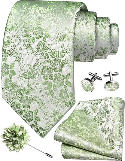 GUSLESON 3.15"（8cm） Mens Floral Tie and Lapel Pin Necktie Hankerchief Cufflinks Set for Men
