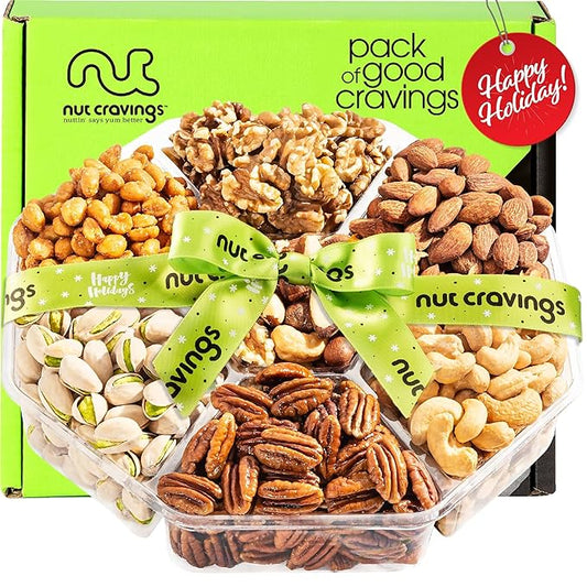 NUT CRAVINGS Gourmet Collection - Christmas Treats Nuts Gift Basket with Happy Holiday Ribbon (7 Assortments) Food Arrangement, Healthy Snack Care Package, Food Assortments