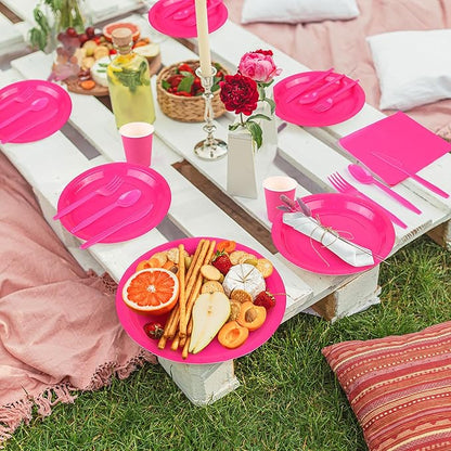 durony 350 Pieces Hot Pink Paper Dinnerware Set 7 Inch 9 Inch Disposable Dinner Plates Serve 50 Guests Paper Cup Cutlery Napkins Solid Color Party Supplies for Birthday Wedding Party Family Picnic