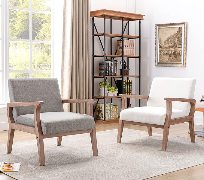 Mid Century Modern Accent Chair Set of 2, Linen Upholstered Living Room Accent Armchair with Wood Frame, Farmhouse Chair for Living Room Bedroom, Gray