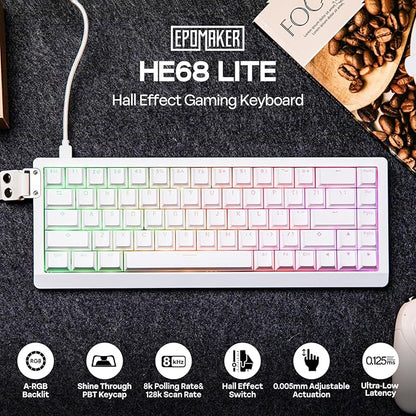 EPOMAKER HE68 Lite Hall Effect Gaming Keyboard, 8k Polling & 128K Scan Rate, 0.01mm Adjustable Trigger, 0.125ms Latency, 5-Layer Sound-Dampened, Snap Key, SOCD, A-RGB, Wired, Mac Software (White)