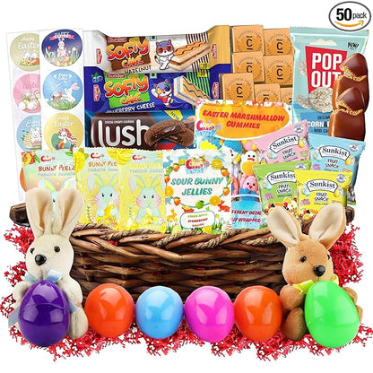 Easter Snack Brown Basket (50 Count) Filled with Treats, Candy, Peelable Gummies, Marshmallow Gummies, Bunny and More, Great Package for Family, Friends, Boys and Girls