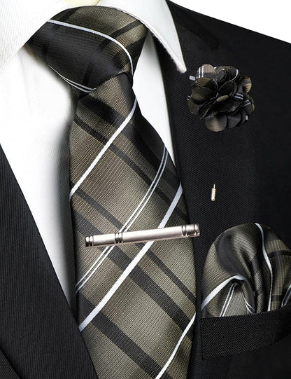 JEMYGINS Mens Striped Tie and Pocket Square with Tie Clip Lapel Pin Set 4PCS