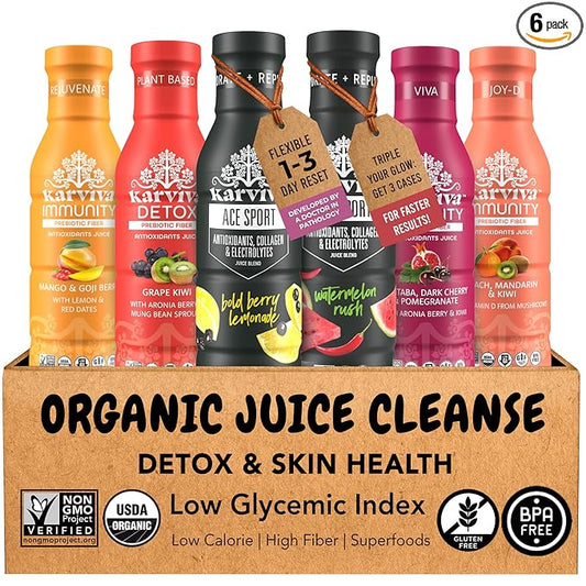 Karviva Organic Juice Cleanse & Skin Glowing Pack for Weight Control & Sugar Detox - Ancient Remedies for Gentle Detox & Collagen Boost, Low-Sugar, High Fiber, Prebiotic, Antioxidants & Vitamins, 6 BPA-Free Bottles, 12 oz Each