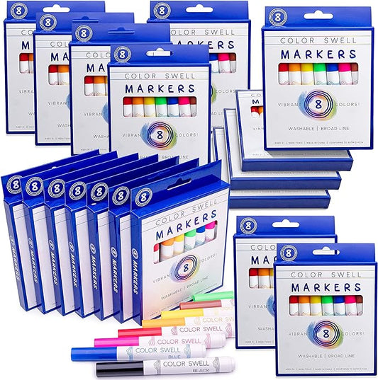Color Swell Washable Bulk Markers - 18 Boxes of 8 Vibrant Colors (144 Total) Perfect for Kids, Parties, Classrooms - Broad Line Markers