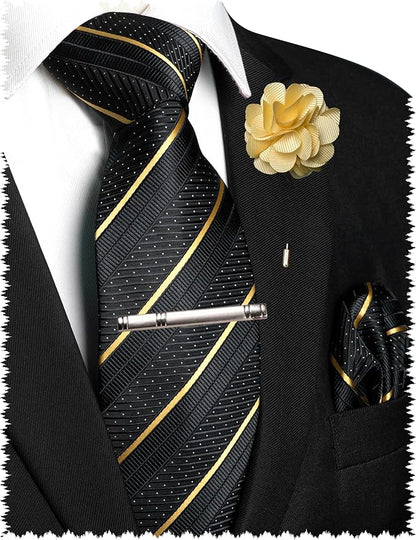 JEMYGINS Mens Striped Tie and Lapel Pin Necktie Pocket Square with Tie Clip Sets for Business Casual 4PCS