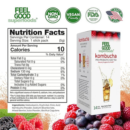 FeelGood Superfoods Kombucha Iced Tea Packets, Delicious Mixed Berries Flavored Refreshing Instant Kombucha Powder Fizzy Drink, Probiotic Supplement for Gut Health, 14 Pack